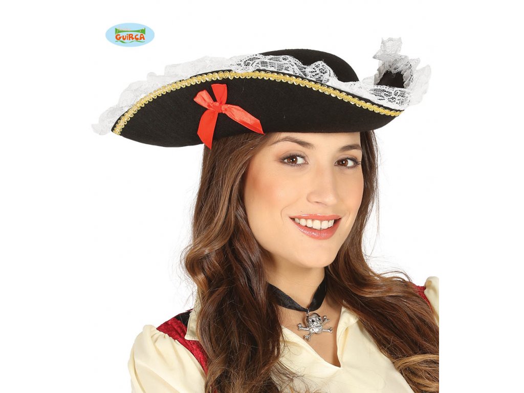 Pirátský klobouk třírohý s mašlí a krajkou
