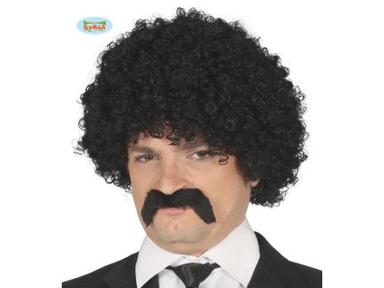 Pánská kadeřavá paruka a knírem - černá  Black curly wig with moustache in box