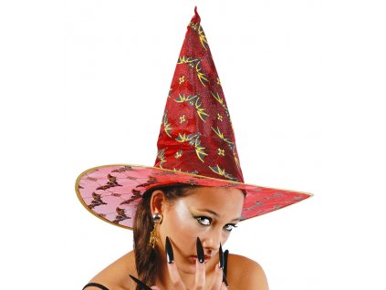 Čarodějnický klobouk červený s netopýry D
