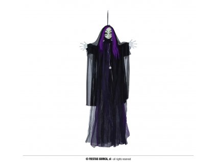 Závěsná svítící strašidelná panenka s fialovými vlasy 120 cm