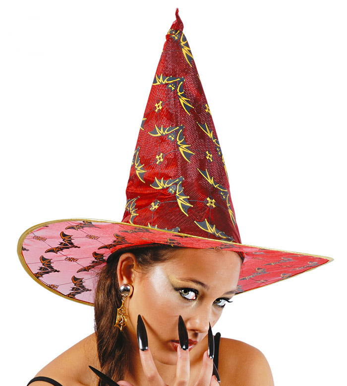 Guirca Fiestas Španělsko Čarodějnický klobouk červený s netopýry D