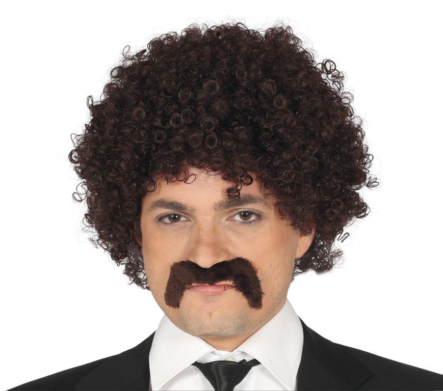 Guirca Hnědá kudrnatá paruka a knír