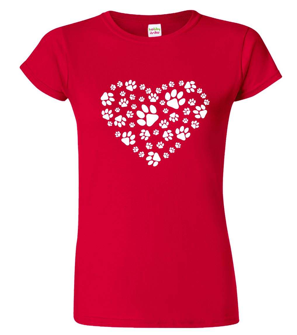 Dámské tričko s psím motivem - Srdce - psí ťapky Barva: Červená (07), Velikost: XL