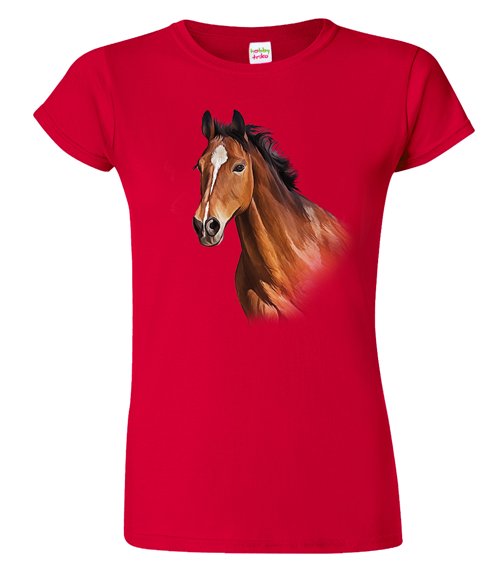 Dámské tričko s koněm - Hnědák Barva: Červená (07), Velikost: XL