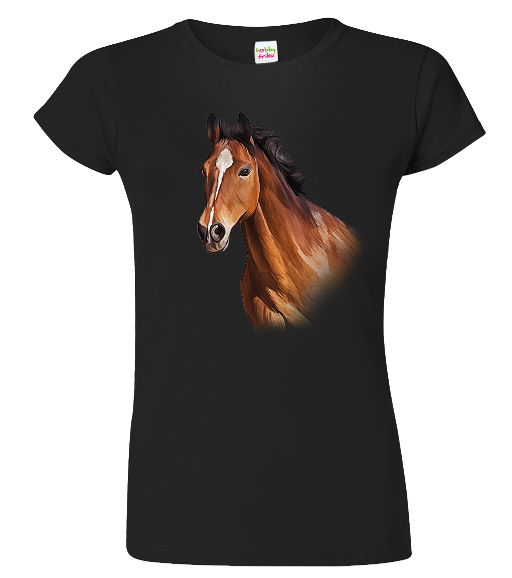 Dámské tričko s koněm - Hnědák Barva: Černá (01), Velikost: L