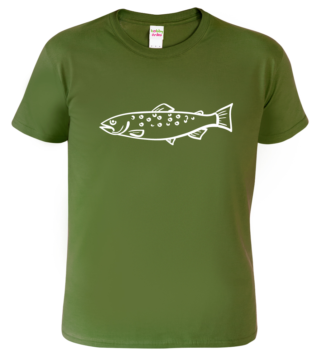 Pánské tričko pro rybáře - Kresba pstruha Barva: Vojenská zelená (Military Green), Velikost: S