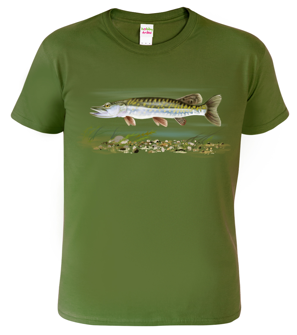 Pánské tričko pro rybáře - Štika obecná Barva: Vojenská zelená (Military Green), Velikost: S