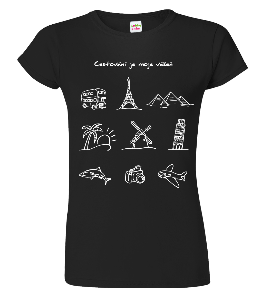 Dámské cestovatelské tričko - Cestovatelské symboly Barva: Černá (01), Velikost: 2XL