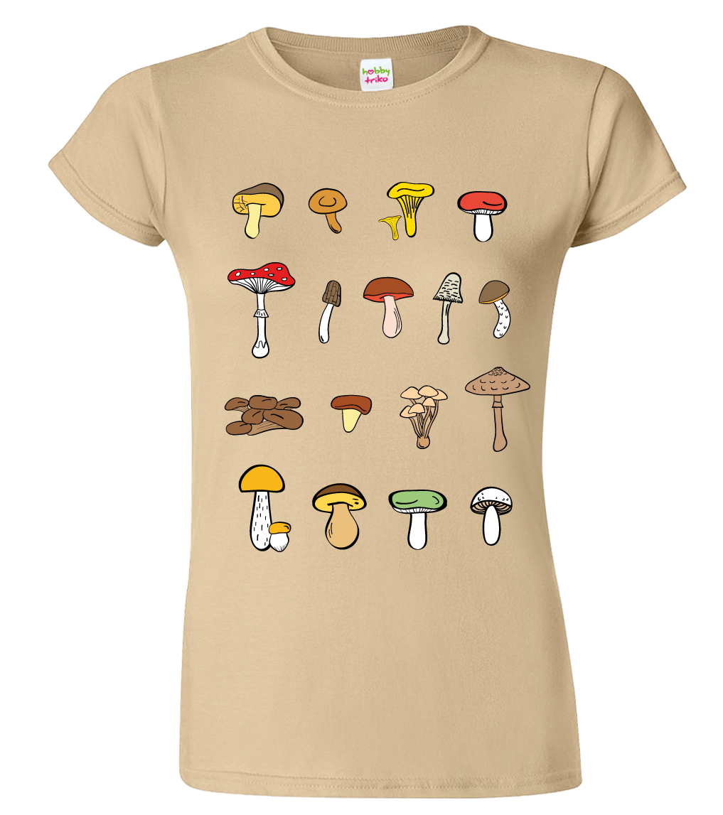 Dámské tričko s houbami - Atlas hub Barva: Béžová (51), Velikost: S