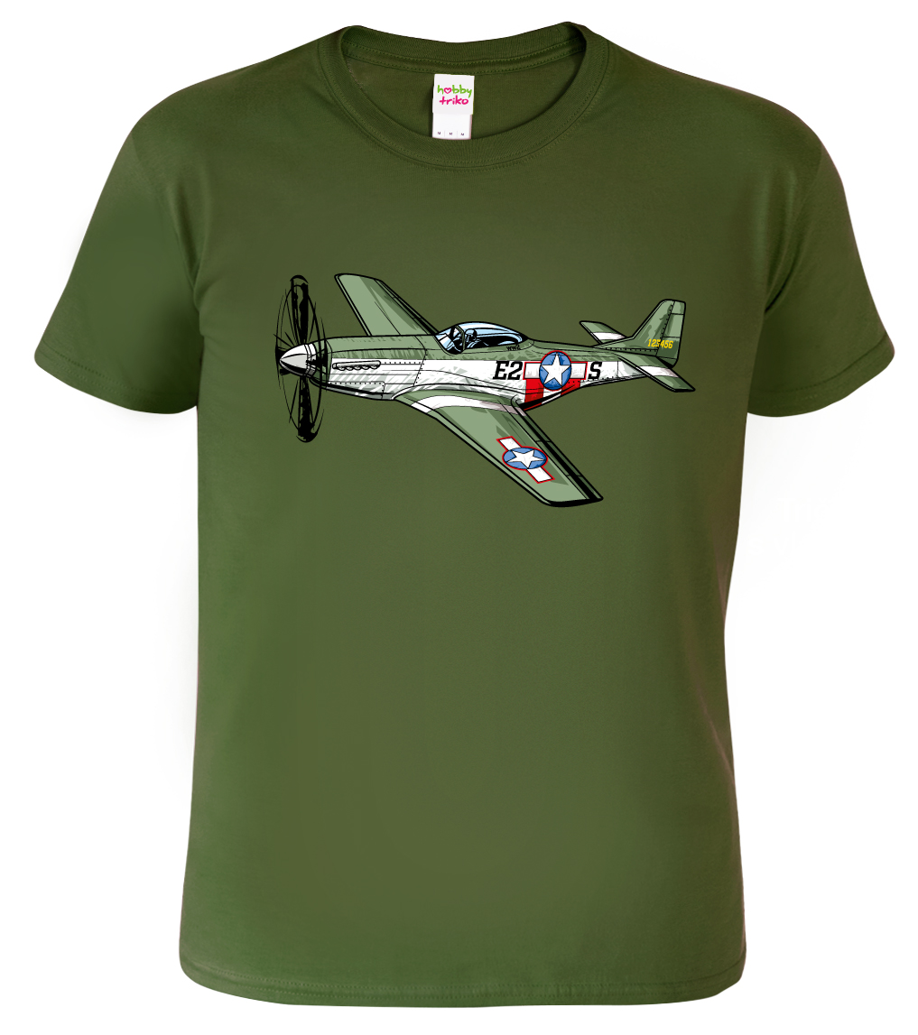 Pánské tričko s letadlem - P-51 Mustang Barva: Vojenská zelená (Military Green), Velikost: XL