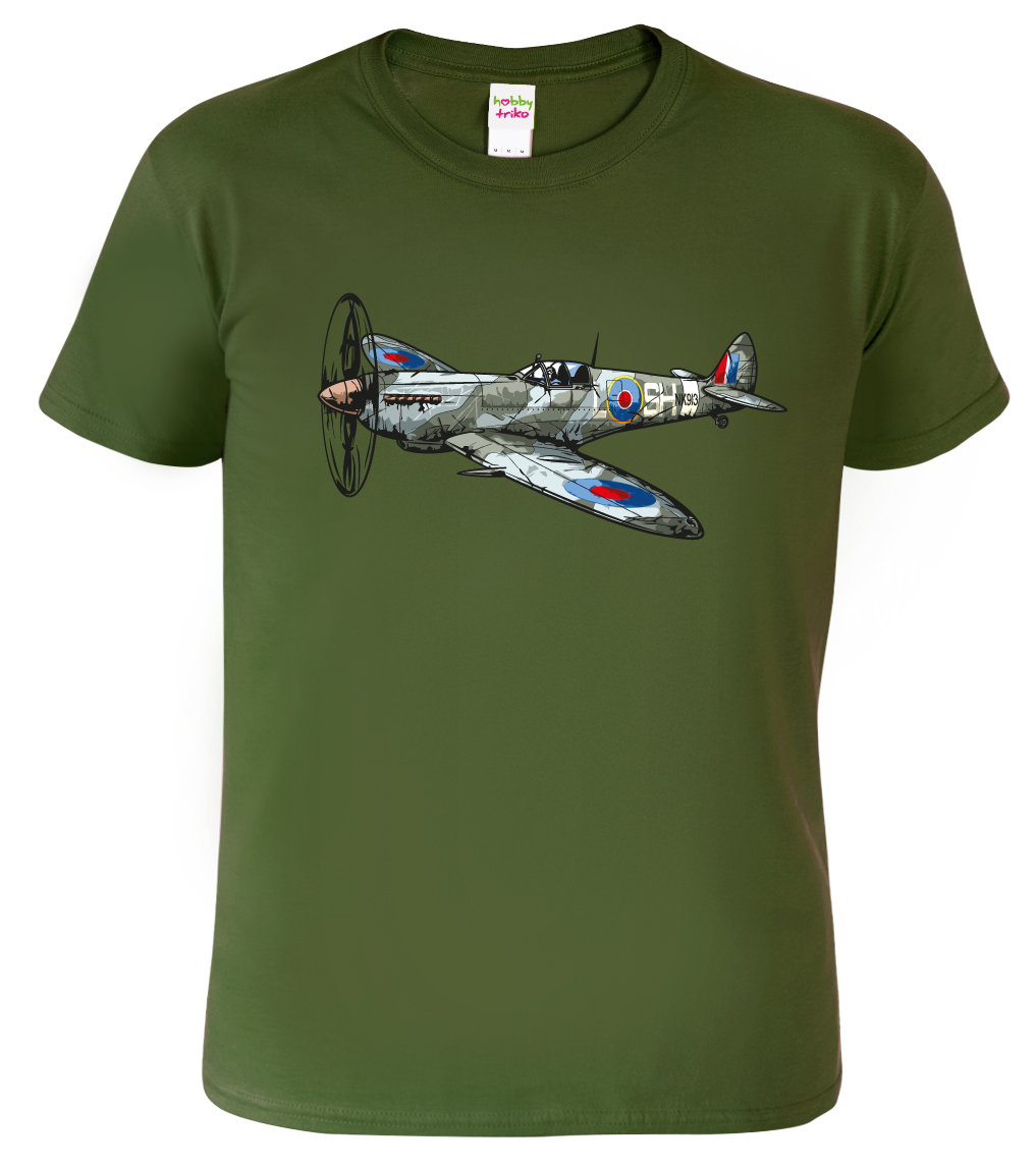 Pánské tričko s letadlem - Spitfire Barva: Vojenská zelená (Military Green), Velikost: S