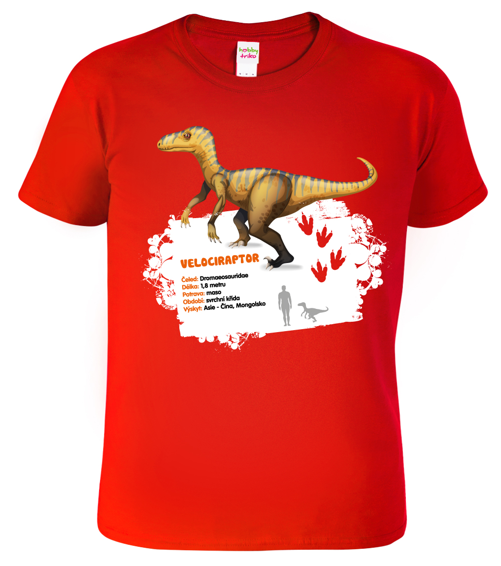 Dětské tričko s dinosaurem - Velociraptor Barva: Červená (07), Velikost: 12 let / 158 cm