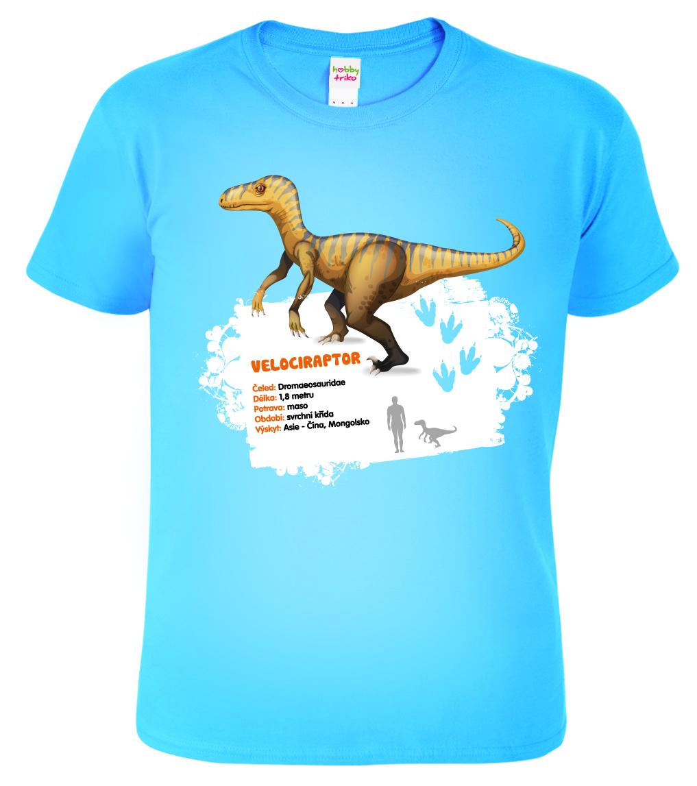 Dětské tričko s dinosaurem - Velociraptor Barva: Nebesky modrá (15), Velikost: 8 let / 134 cm