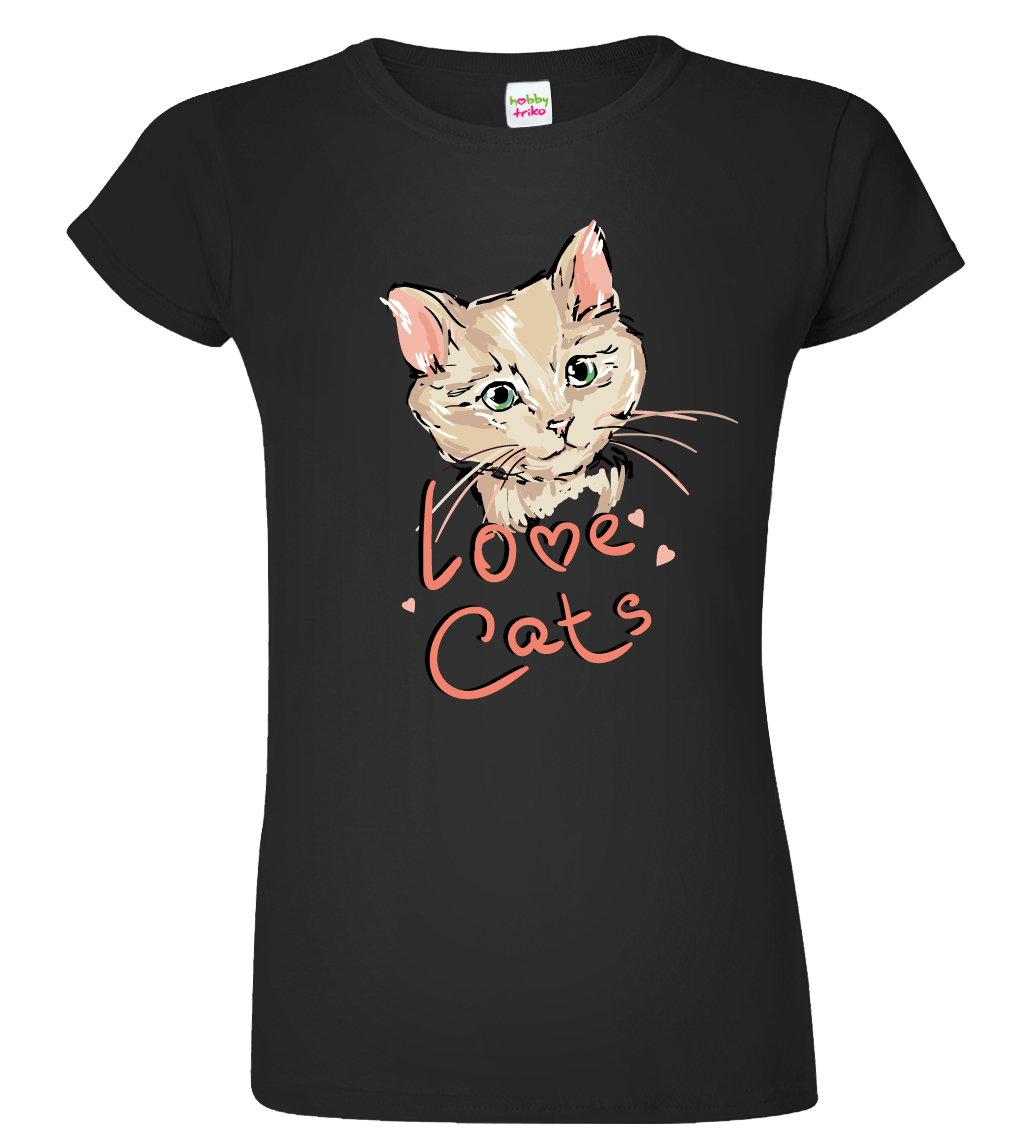 Dámské tričko s kočkou - Love Cats Barva: Černá (Black), Velikost: 3XL