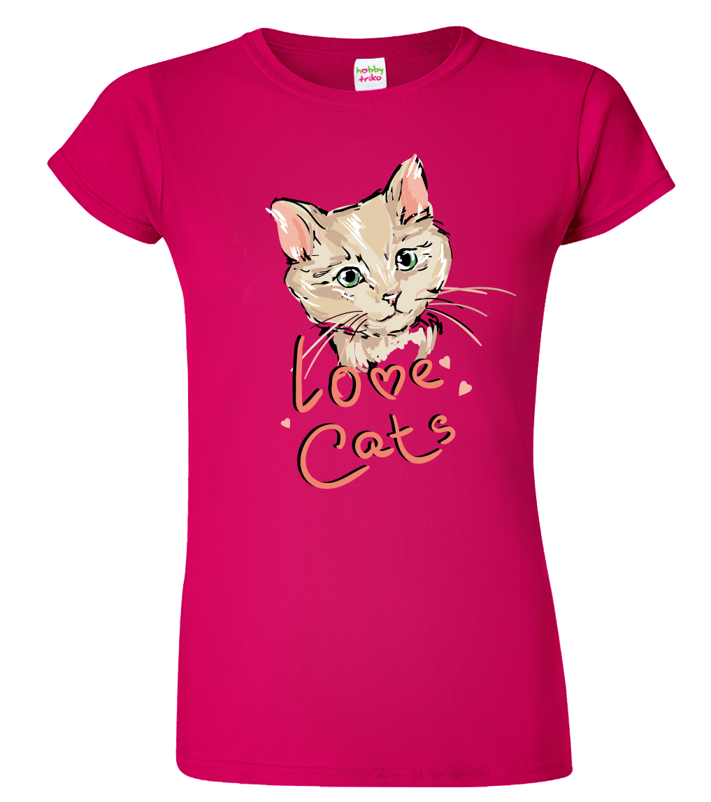 Dámské tričko s kočkou - Love Cats Barva: Fuchsia red (49), Velikost: L