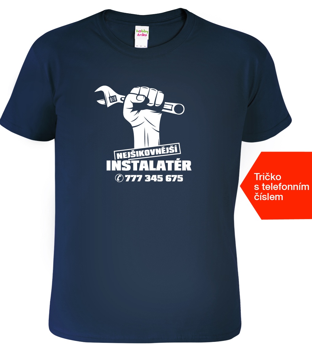 Pánské tričko pro instalatéra - Nejšikovnější instalatér+Tel. Barva: Námořní modrá (02), Velikost: L