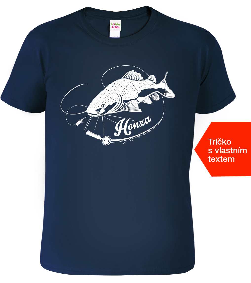 Pánské rybářské tričko se jménem - Sumec velký Barva: Námořní modrá (02), Velikost: L