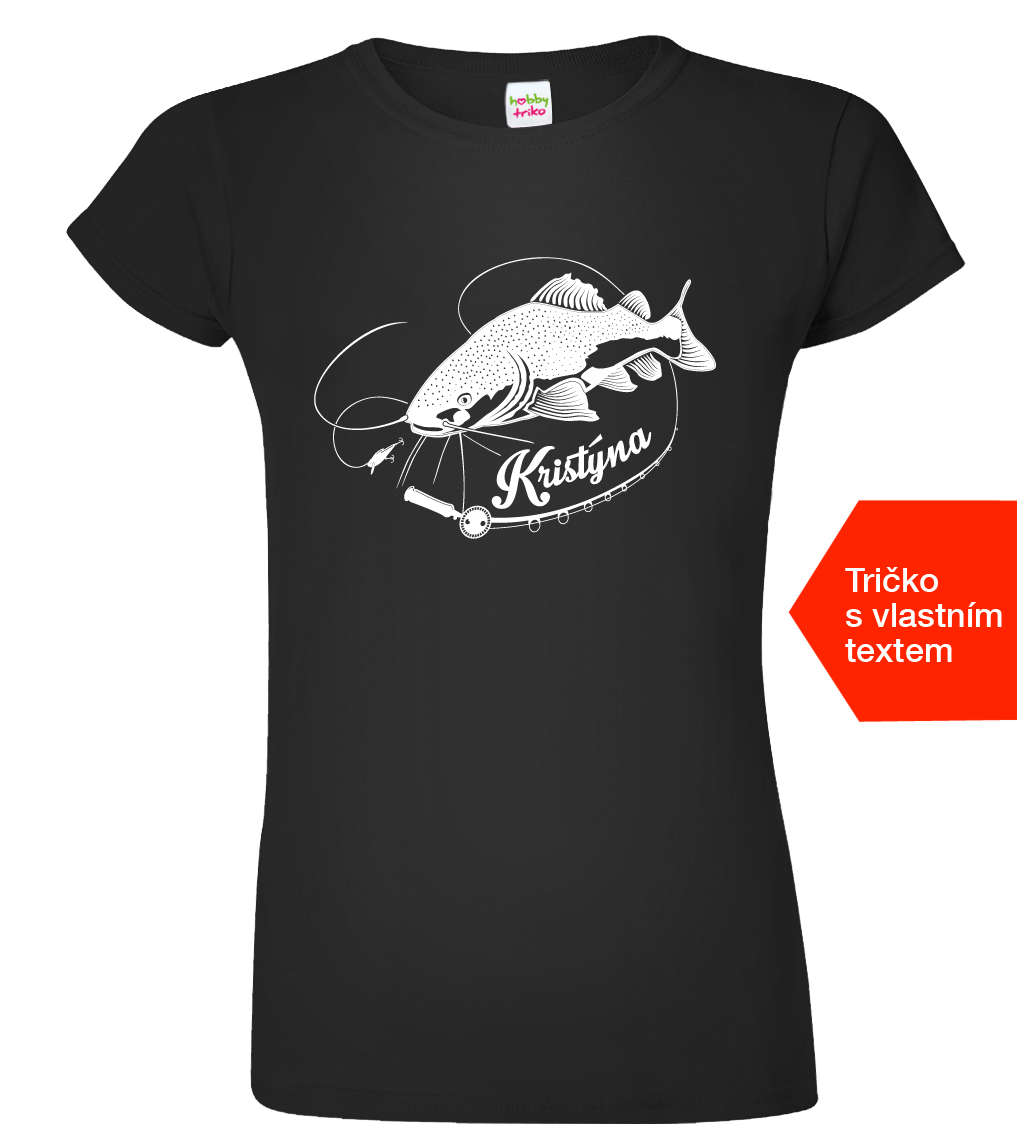 Dámské rybářské tričko se jménem - Sumec velký Barva: Černá (Black), Velikost: 3XL
