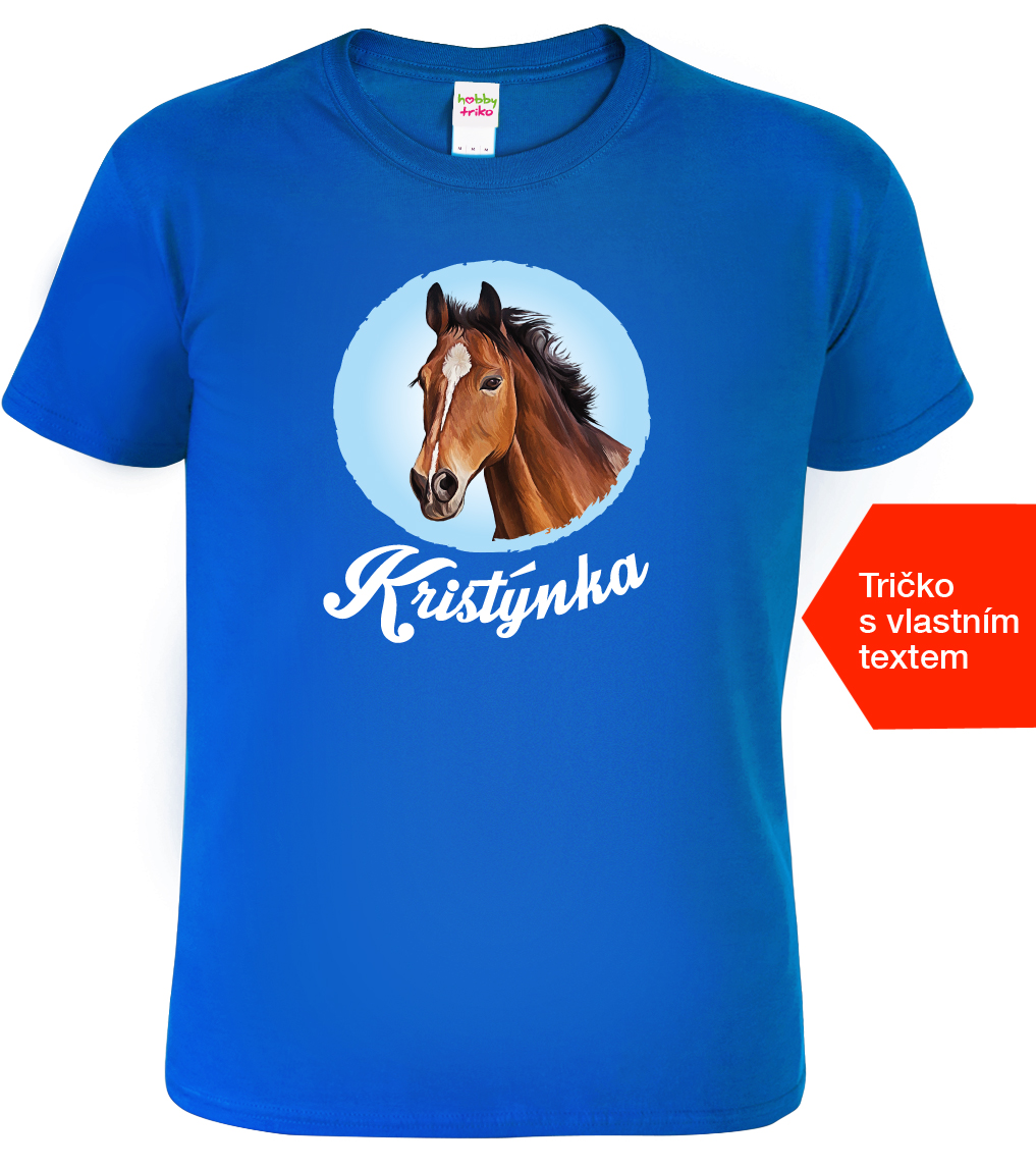Dětské tričko s koněm a jménem - Hnědák Barva: Královská modrá (05), Velikost: 10 let / 146 cm