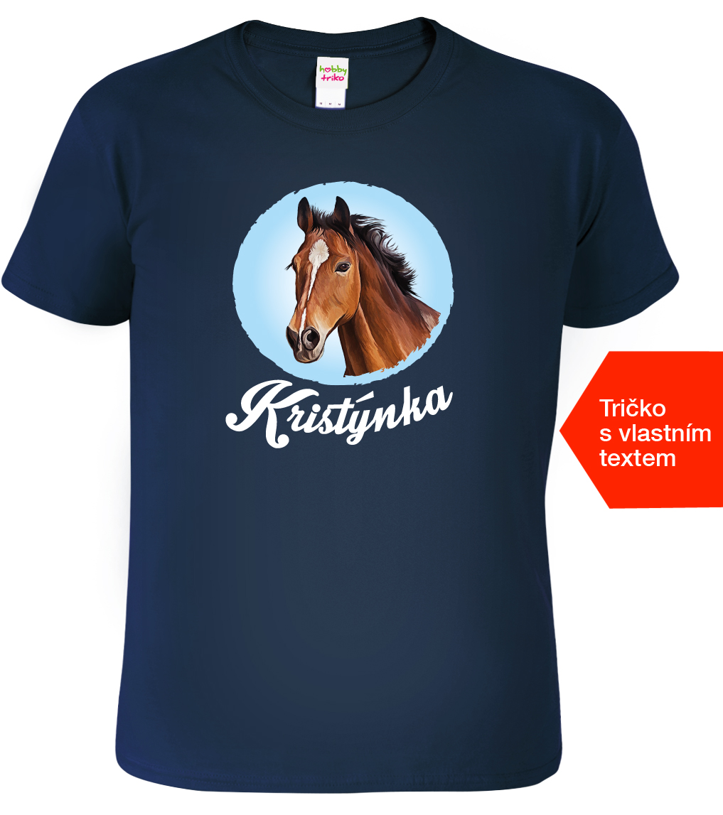 Dětské tričko s koněm a jménem - Hnědák Barva: Námořní modrá (02), Velikost: 6 let / 122 cm