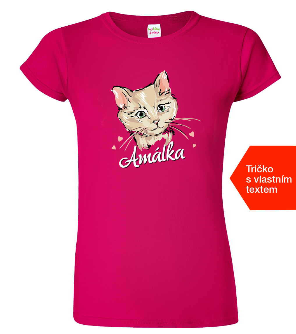 Dámské tričko s kočkou a jménem - Malovaná kočička Barva: Fuchsia red (49), Velikost: M