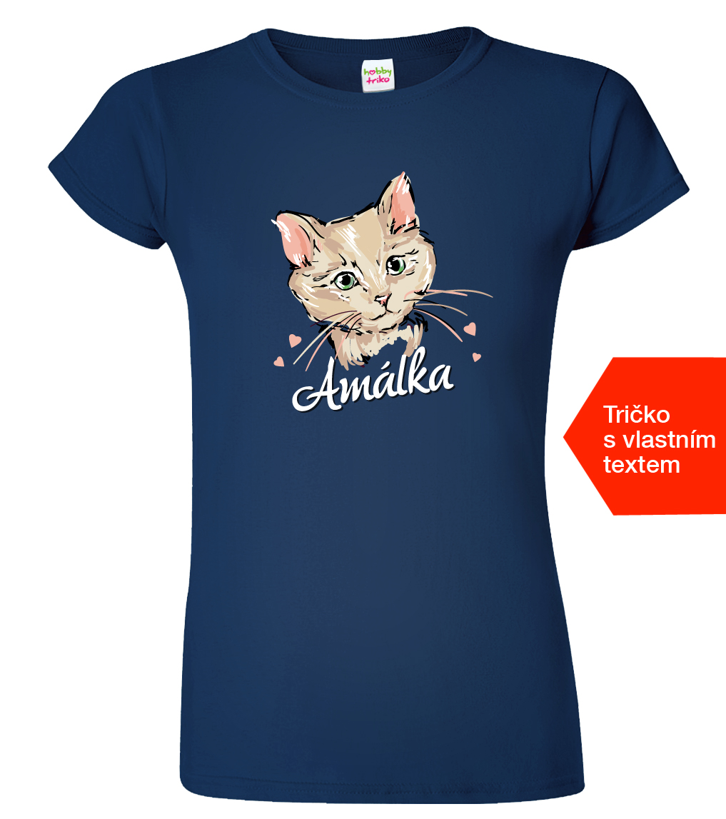 Dámské tričko s kočkou a jménem - Malovaná kočička Barva: Námořní modrá (02), Velikost: XL