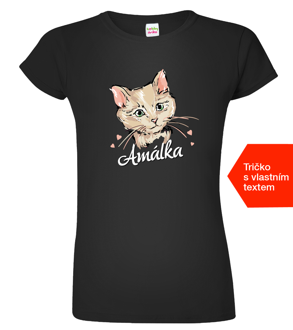 Dámské tričko s kočkou a jménem - Malovaná kočička Barva: Černá (01), Velikost: XL