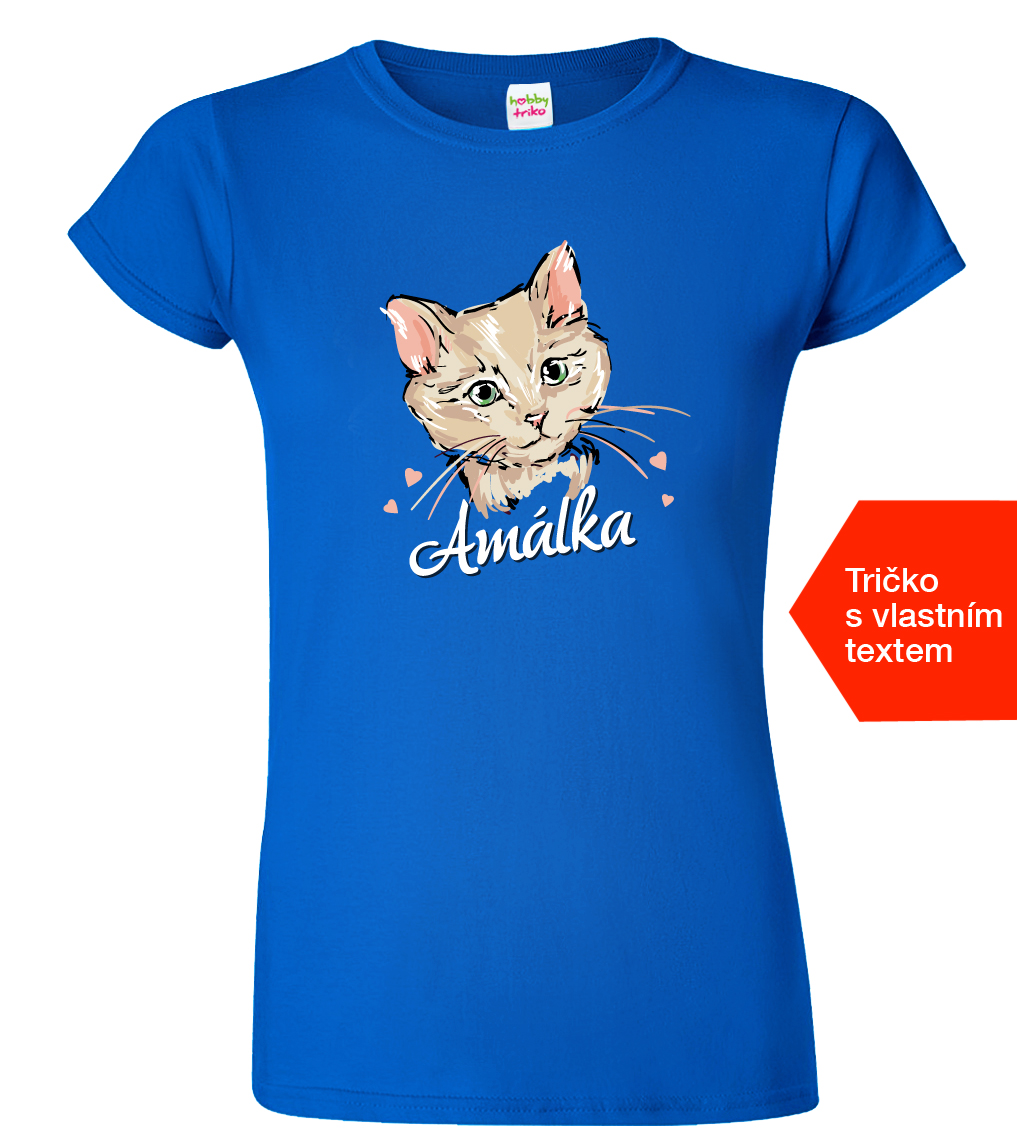 Dámské tričko s kočkou a jménem - Malovaná kočička Barva: Královská modrá (05), Velikost: S