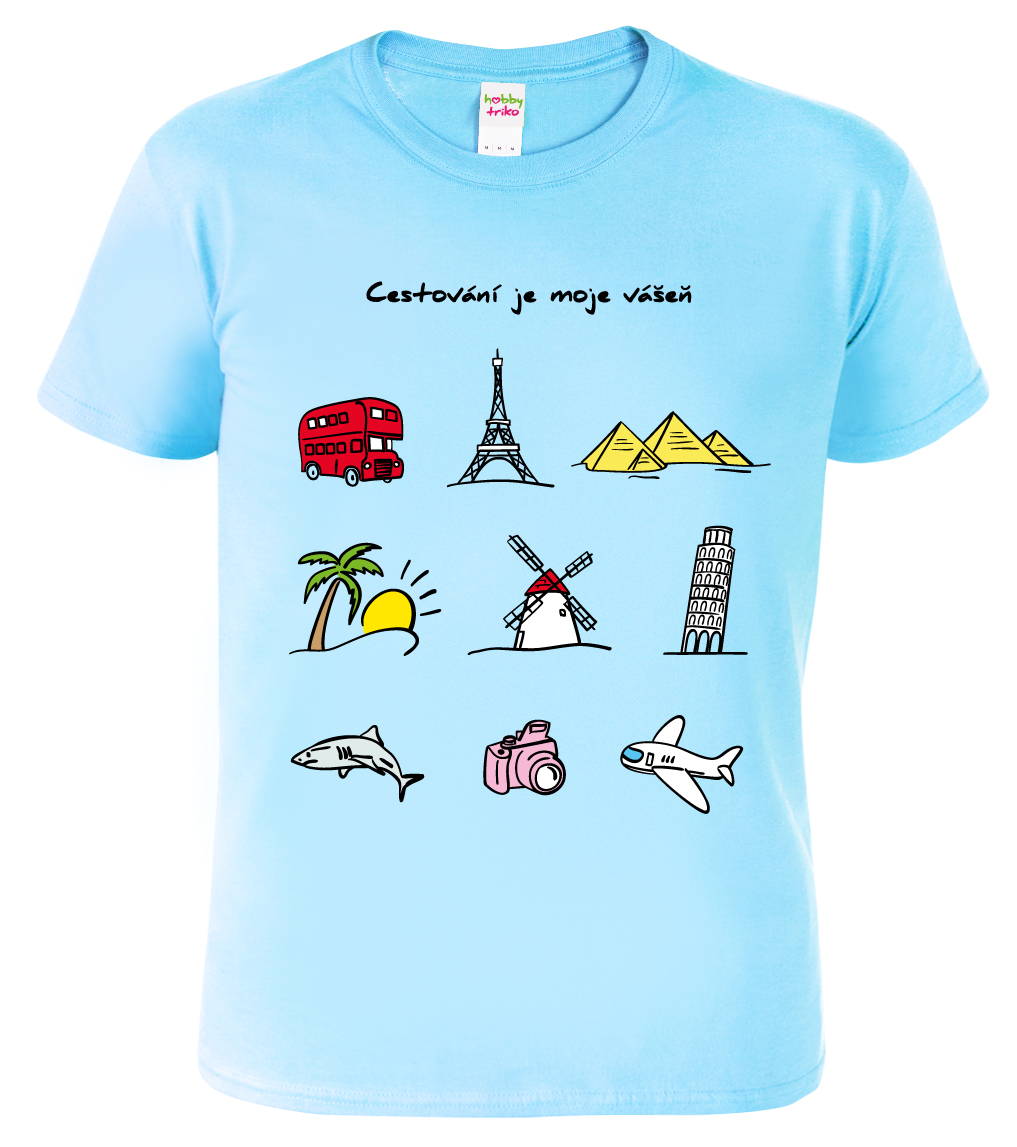 Pánské cestovatelské tričko - Barevné cestovatelské symboly Barva: Nebesky modrá (15), Velikost: M