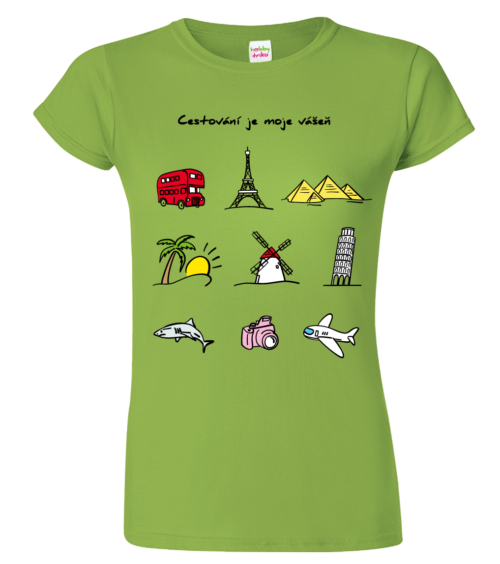 Dámské cestovatelské tričko - Barevné cestovatelské symboly Barva: Apple Green (92), Velikost: L