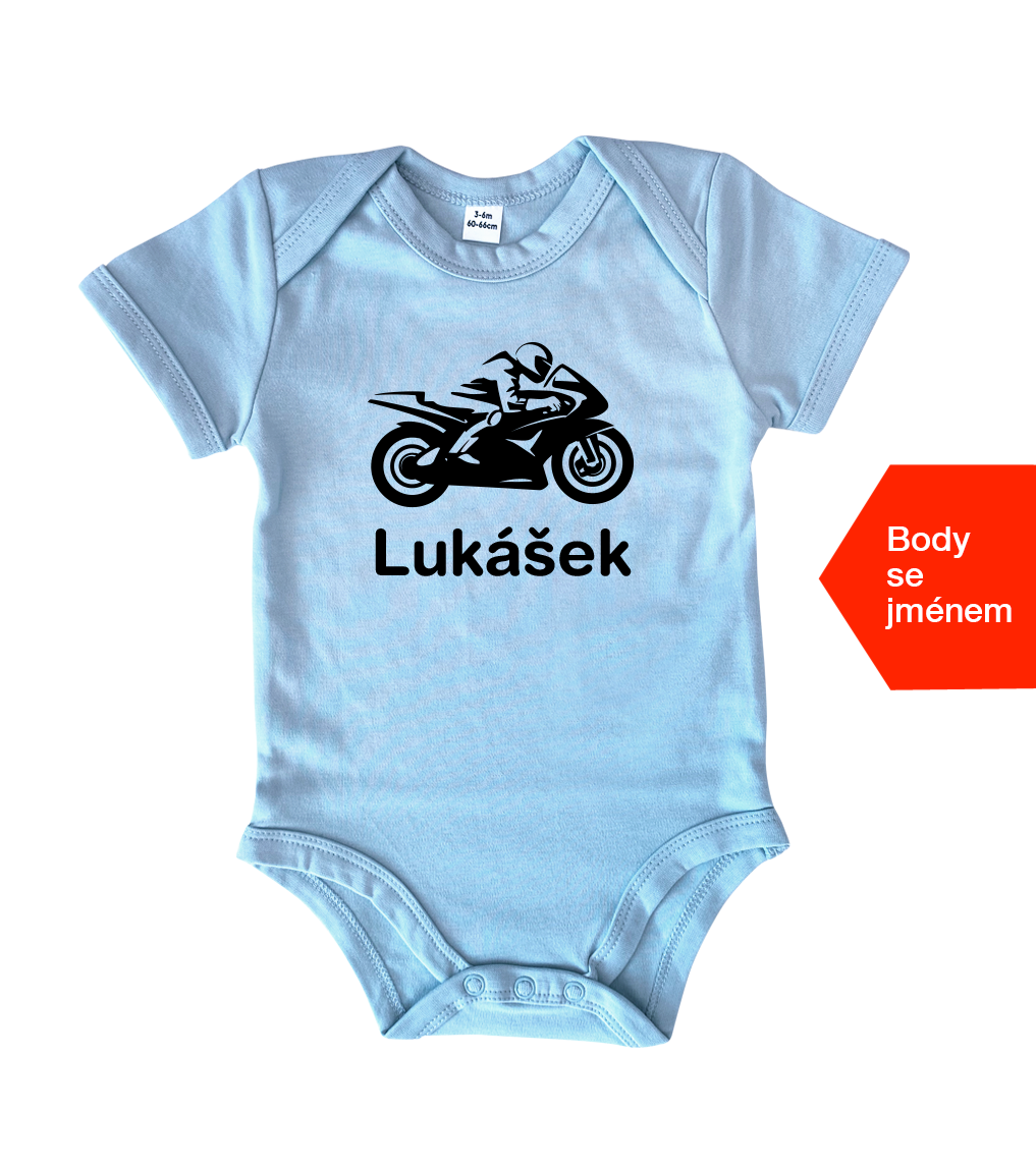 Dětské body - Motorka + jméno Barva: Modrá (Soft Blue), velikost: 0-3 m