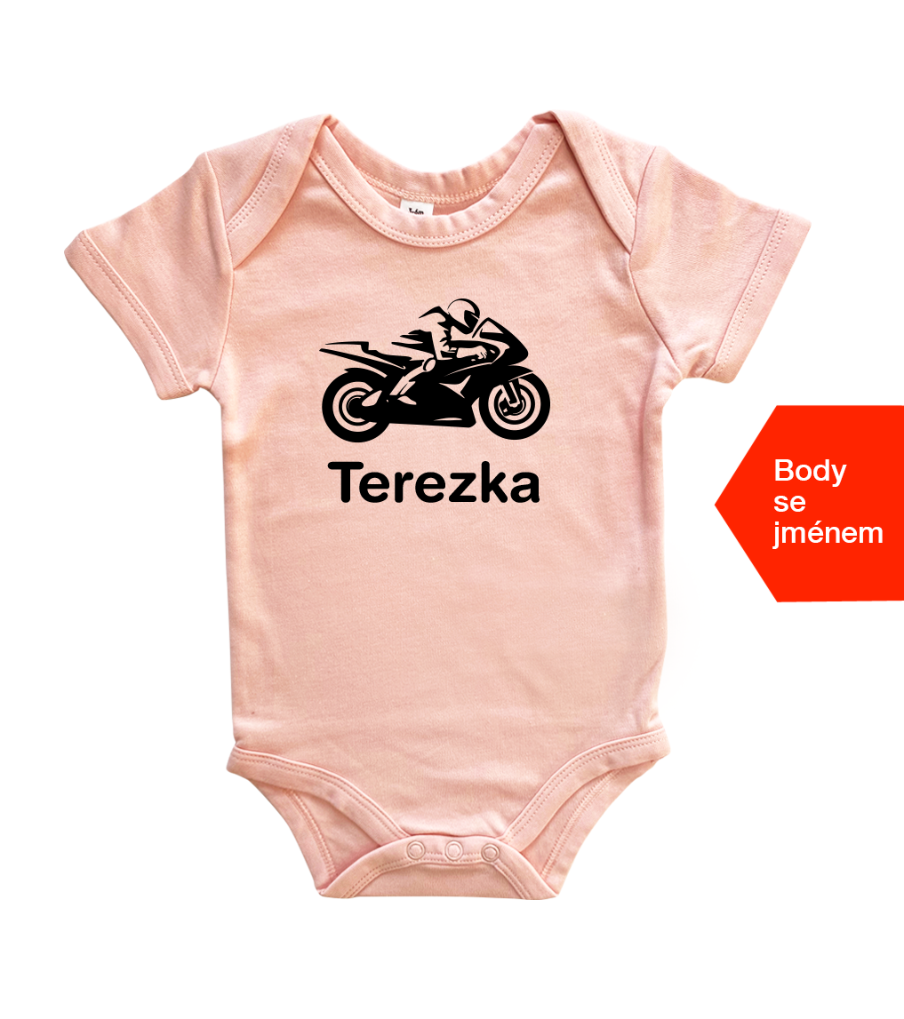 Dětské body - Motorka + jméno Barva: Světle růžová (Powder Pink), velikost: 0-3 m