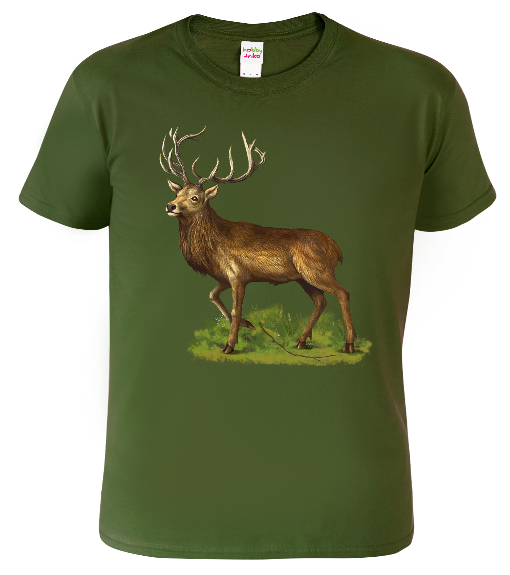 Pánské myslivecké tričko - Jelen Barva: Vojenská zelená (Military Green), Velikost: M