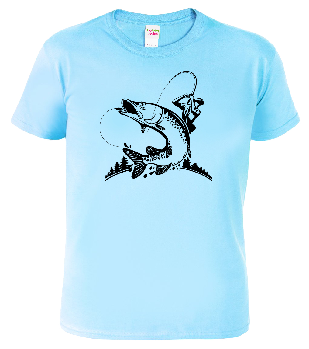 Pánské tričko pro rybáře - Rybář a štika Barva: Nebesky modrá (15), Velikost: M