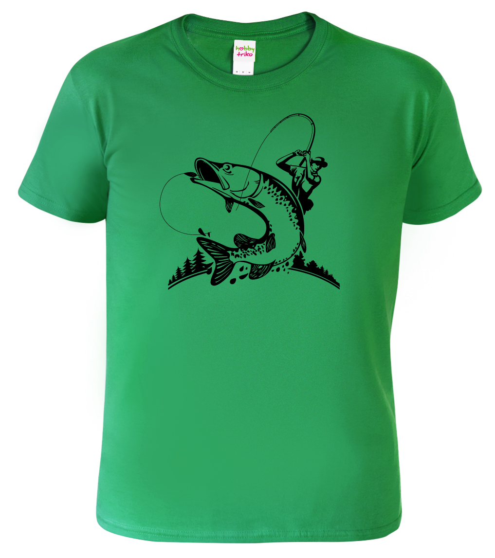 Pánské tričko pro rybáře - Rybář a štika Barva: Středně zelená (16), Velikost: M