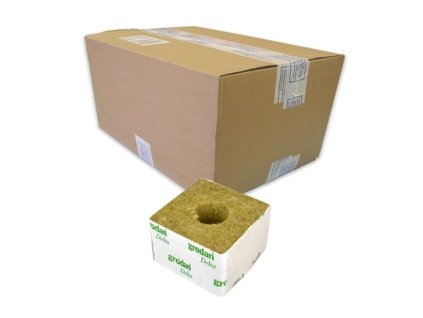 Kostky z minerální vaty (rockwoll) o velikosti 100x100x65mm s velkou dírou, 216ks, Grodan.