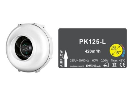 Odtahový ventilátor s průtokem vzduchu 420m3/h a průměrem potrubí 125mm, PK125L od Prima Klima.