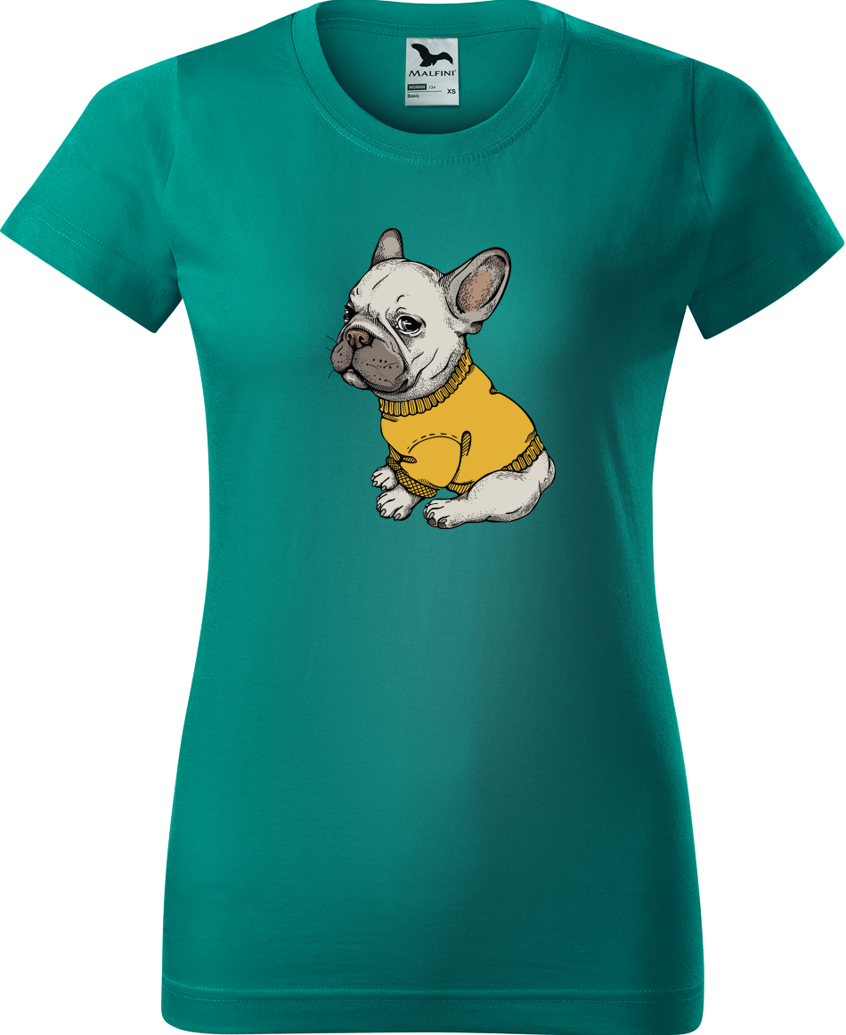 Dámské tričko s buldočkem - Buldoček ve svetru Velikost: L, Barva: Emerald (19)