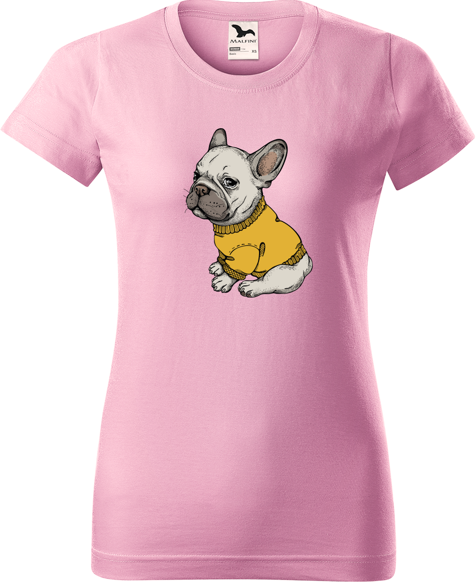 Dámské tričko s buldočkem - Buldoček ve svetru Velikost: XL, Barva: Růžová (30)