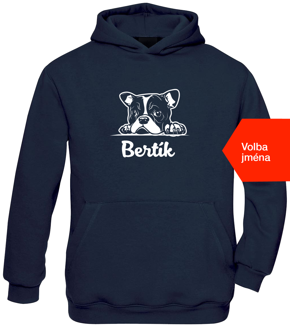 Dětská mikina s buldočkem a jménem - Bertík Velikost: 12-14 let, Barva: Tm. Modrá (Navy Blue)