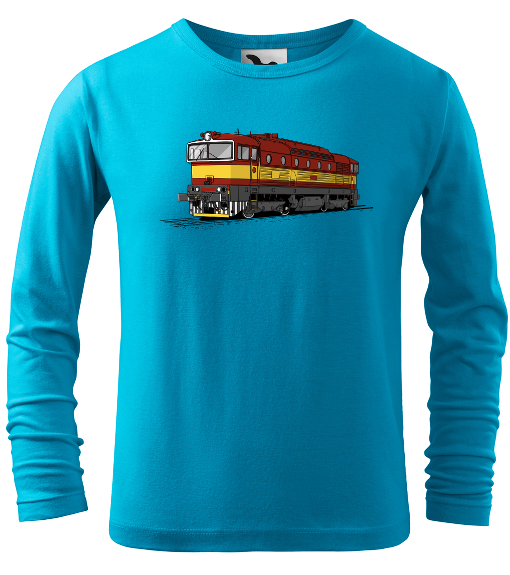 Dětské tričko s vlakem - Barevná lokomotiva BREJLOVEC (dlouhý rukáv) Velikost: 10 let / 146 cm, Barva: Tyrkysová (44), Délka rukávu: Dlouhý rukáv