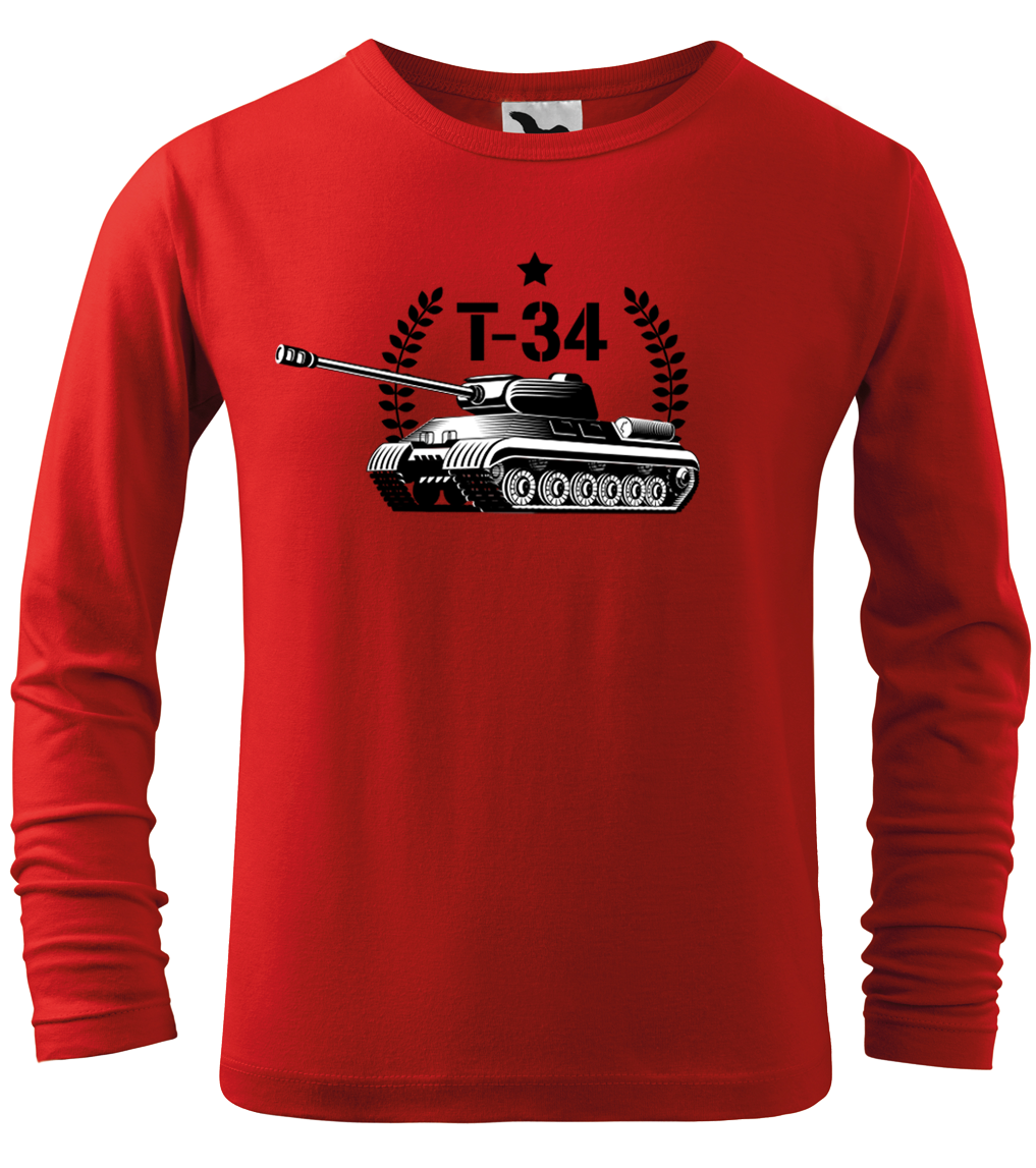 Dětské tričko s tankem - Tank T-34 (dlouhý rukáv) Velikost: 12 let / 158 cm, Barva: Červená (07), Délka rukávu: Dlouhý rukáv