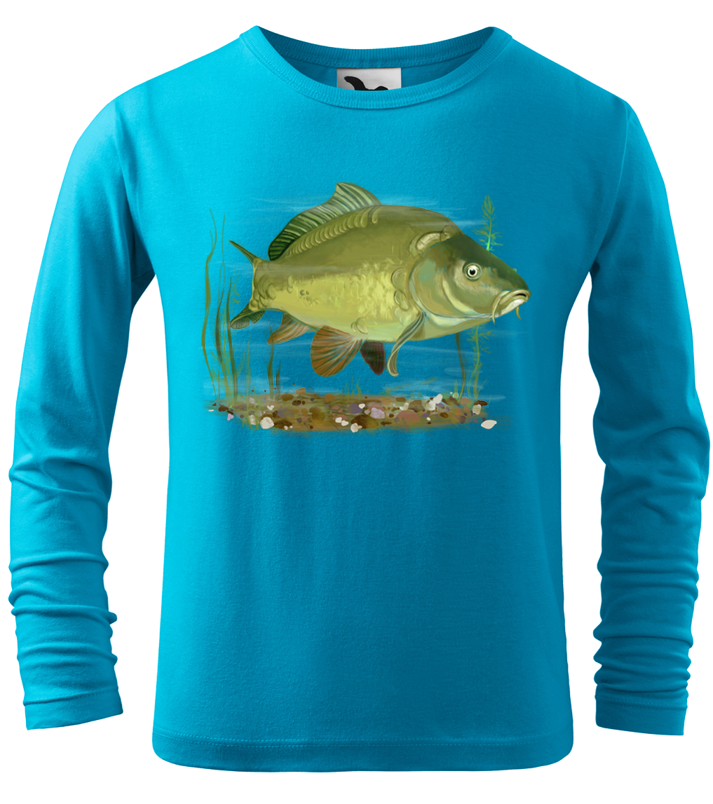 Dětské rybářské tričko - Kapr obecný (dlouhý rukáv) Velikost: 4 roky / 110 cm, Barva: Tyrkysová (44), Délka rukávu: Dlouhý rukáv