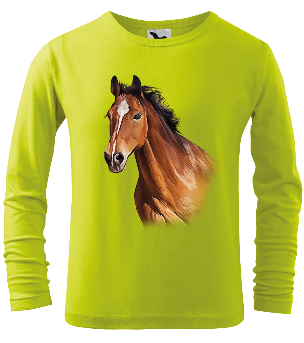Dětské tričko s koněm - Hnědák (dlouhý rukáv) Velikost: 4 roky / 110 cm, Barva: Limetková (62), Délka rukávu: Dlouhý rukáv