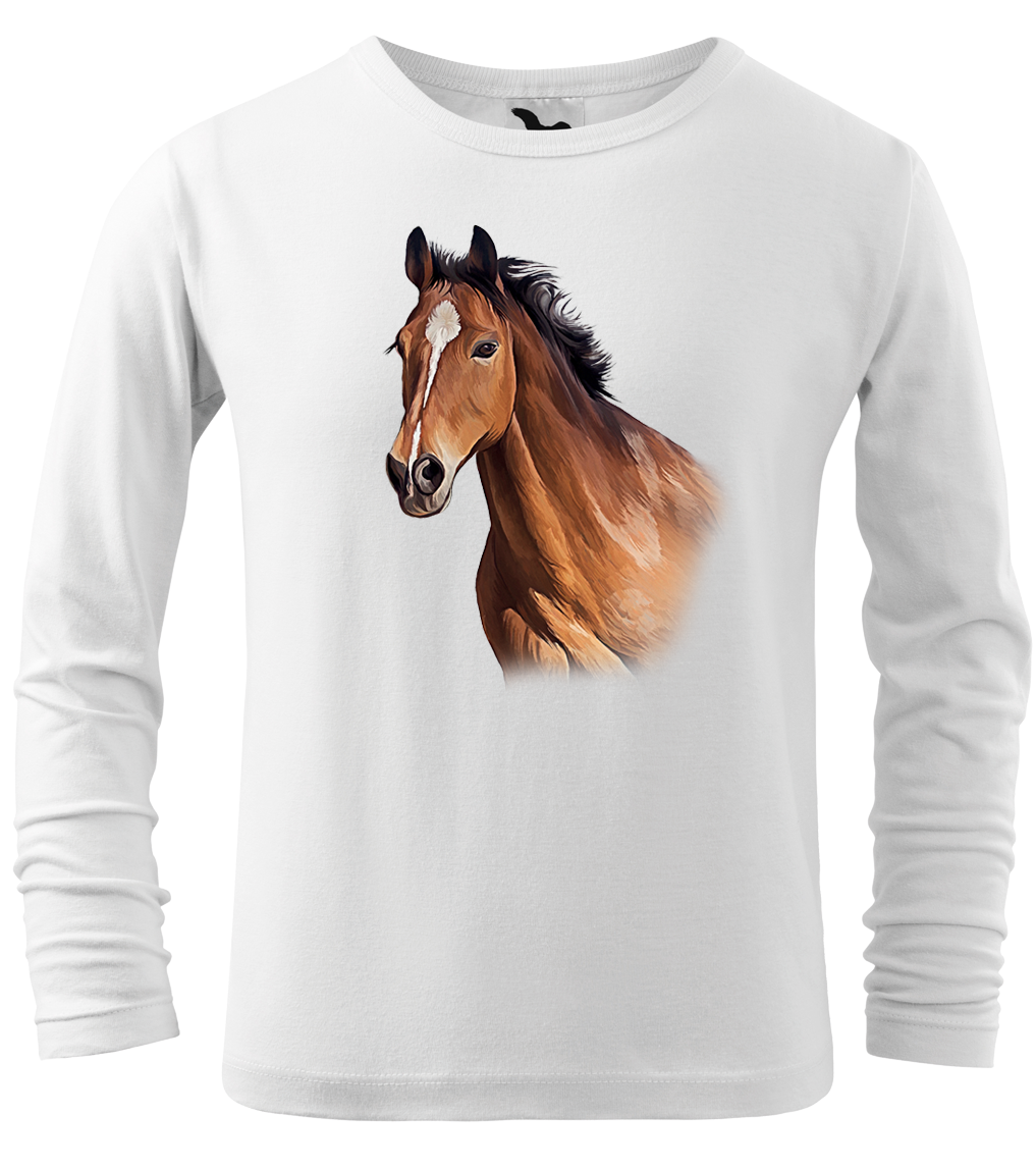 Dětské tričko s koněm - Hnědák (dlouhý rukáv) Velikost: 10 let / 146 cm, Barva: Bílá (00), Délka rukávu: Dlouhý rukáv