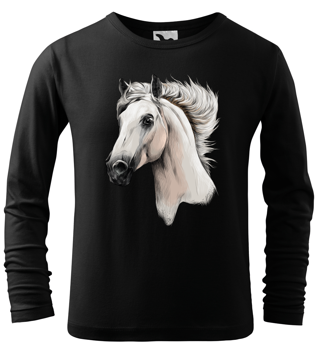 Dětské tričko s koněm - Bělouš (dlouhý rukáv) Velikost: 4 roky / 110 cm, Barva: Černá (01), Délka rukávu: Dlouhý rukáv