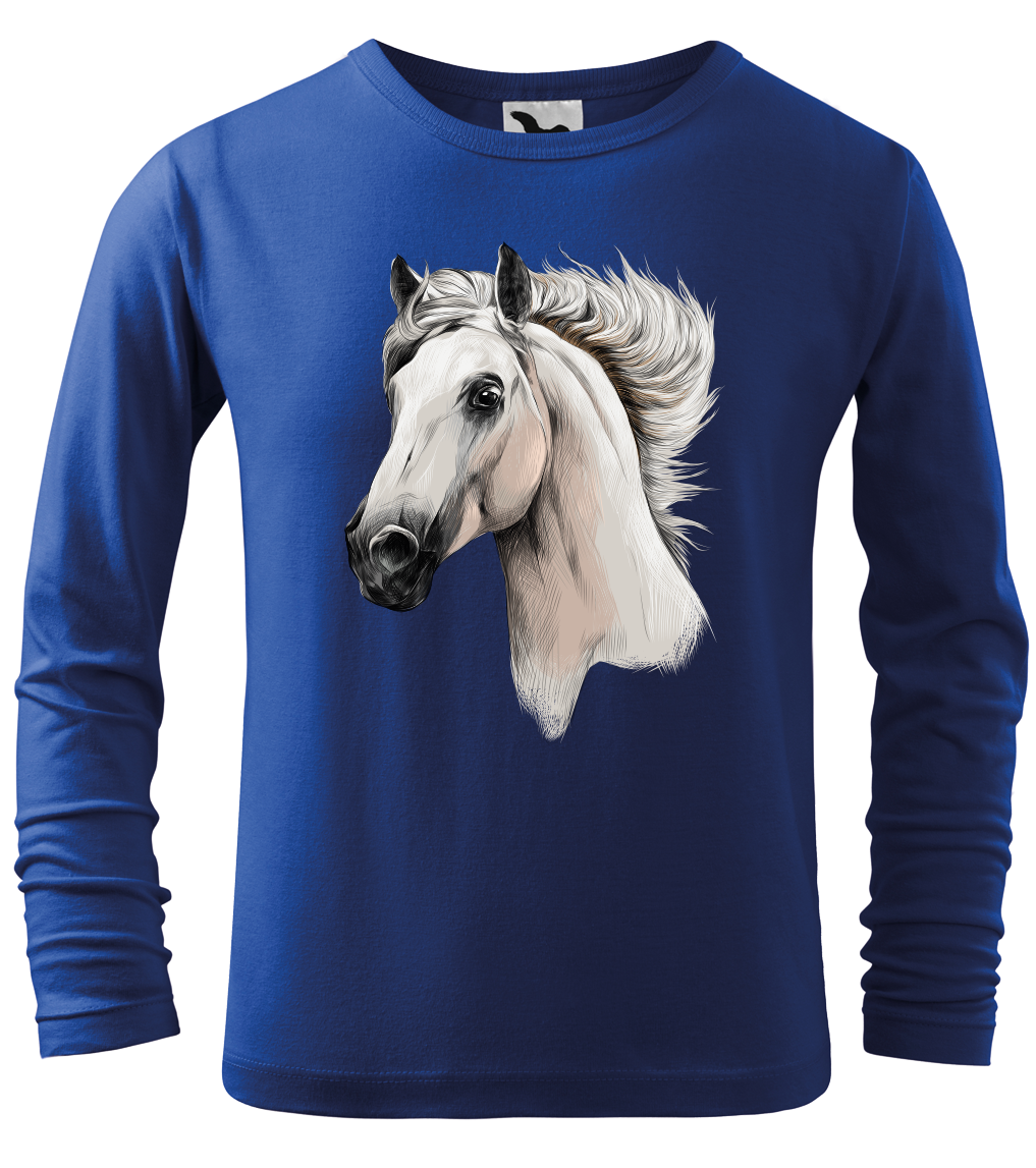 Dětské tričko s koněm - Bělouš (dlouhý rukáv) Velikost: 4 roky / 110 cm, Barva: Královská modrá (05), Délka rukávu: Dlouhý rukáv