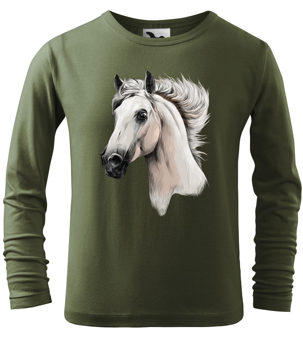 Dětské tričko s koněm - Bělouš (dlouhý rukáv) Velikost: 4 roky / 110 cm, Barva: Khaki (09), Délka rukávu: Dlouhý rukáv