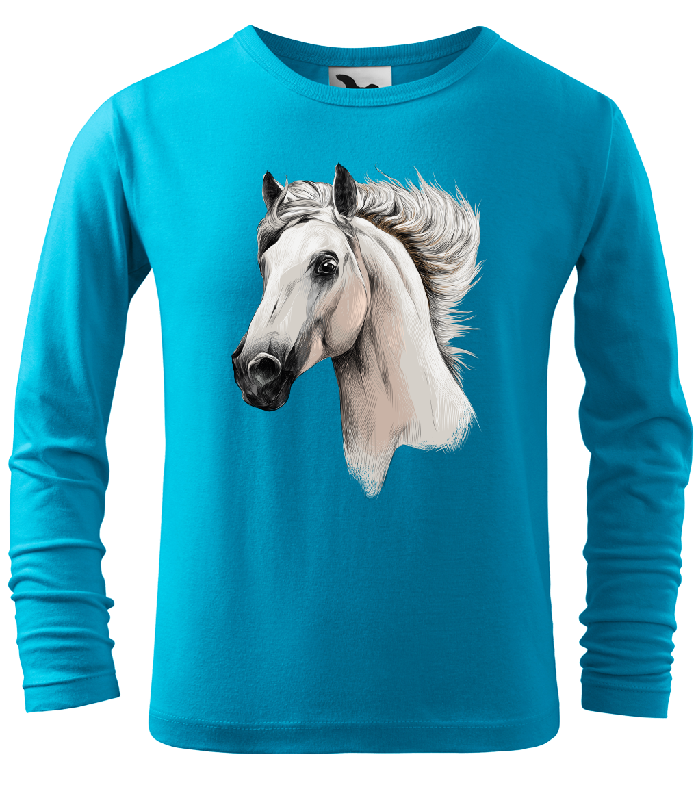 Dětské tričko s koněm - Bělouš (dlouhý rukáv) Velikost: 4 roky / 110 cm, Barva: Tyrkysová (44), Délka rukávu: Dlouhý rukáv