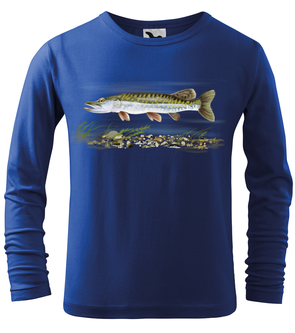 Dětské rybářské tričko - Štika obecná (dlouhý rukáv) Velikost: 4 roky / 110 cm, Barva: Královská modrá (05), Délka rukávu: Dlouhý rukáv